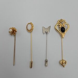 Vintage STICK PIN LOT 4 GOLD AND SILVER TONE Murano Some Avon Butterfly Heart
